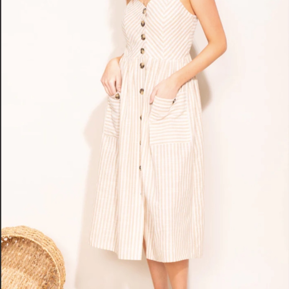 Tan (Beige) & White Striped Midi Button Spaghetti Strap Dress Size Small (S)